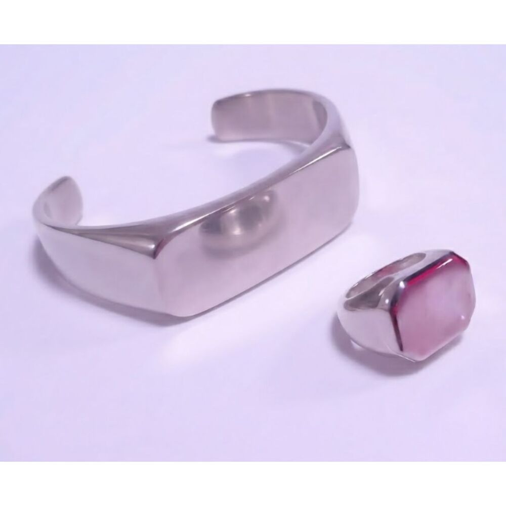 New Designer Women's Modern Shiny Geo Cuff and Ring Set Sz 6
